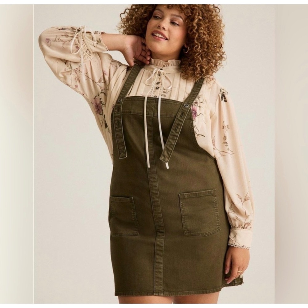 FESTI Olive Green Denim‎ Overall Pinafore Dress Size 3 Adjustable Straps Pockets
